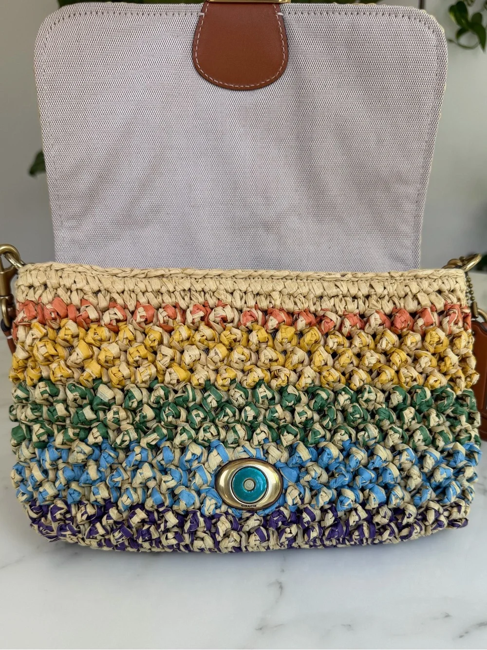 NWOT Coach Soft Tabby Shoulder Crossbody Bag Rainbow Woven Straw & Leather CJ640 - Picture 12 of 16